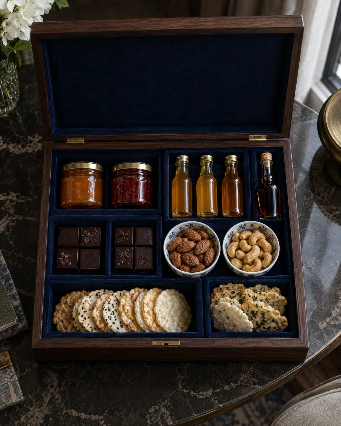 An open walnut case of jams, nectars, chocolate, nuts and rice crackers in a hotel suite