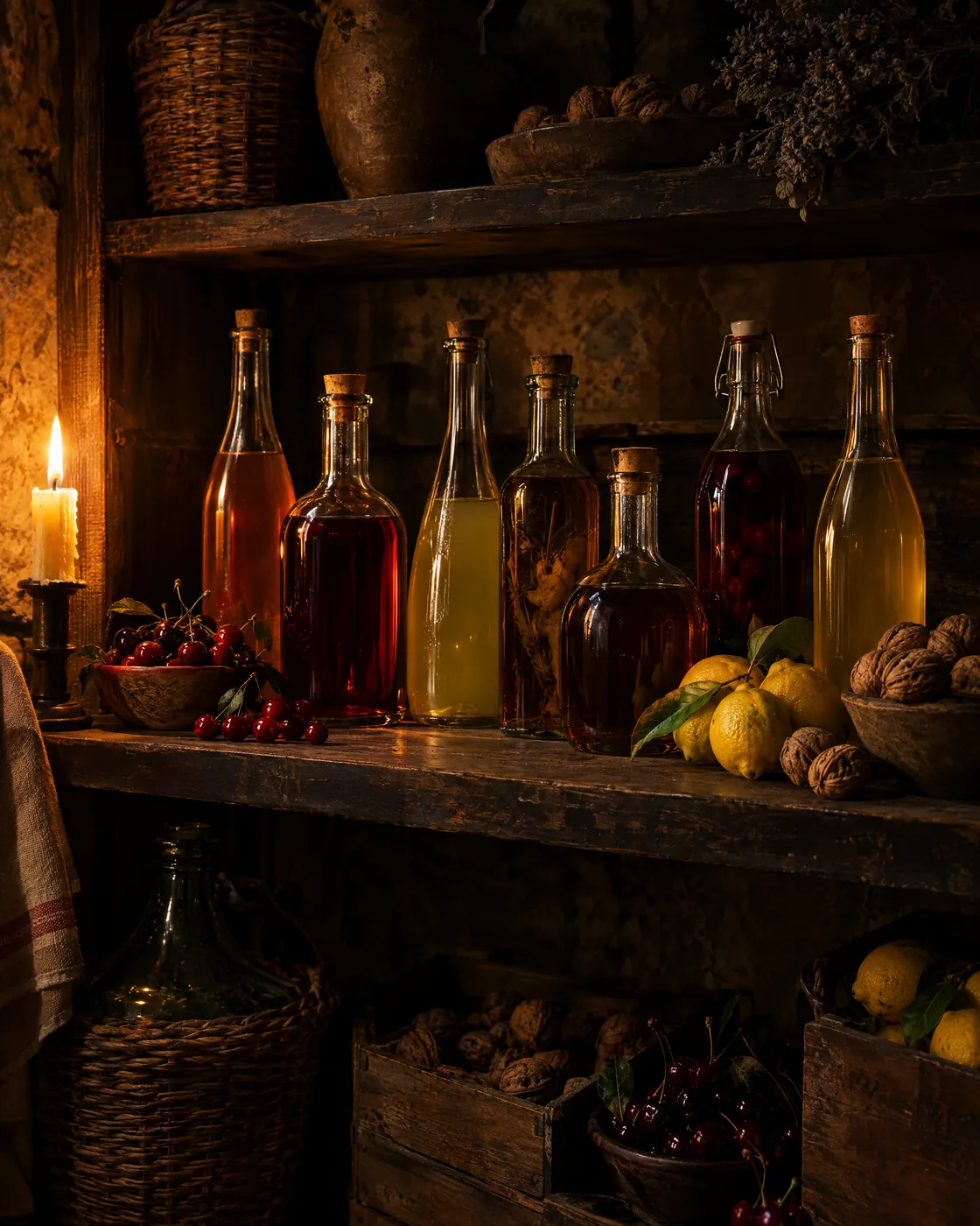 Bottles of homemade liqueurs on old pantry shelves by candlelight