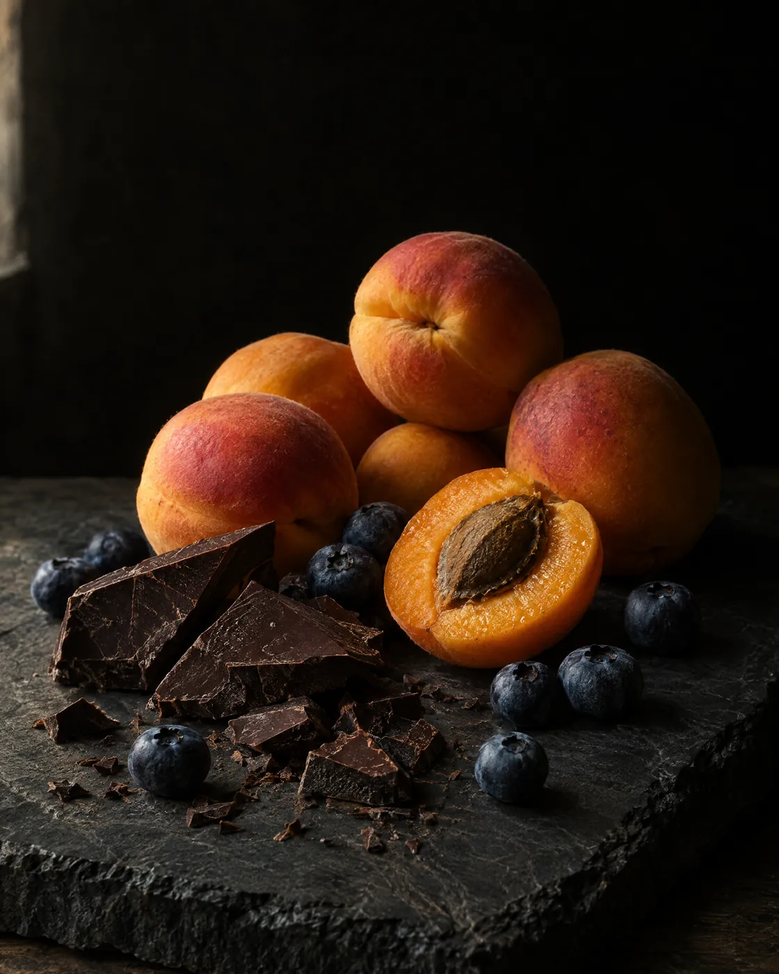 Ripe apricots, blueberries and dark chocolate on slate