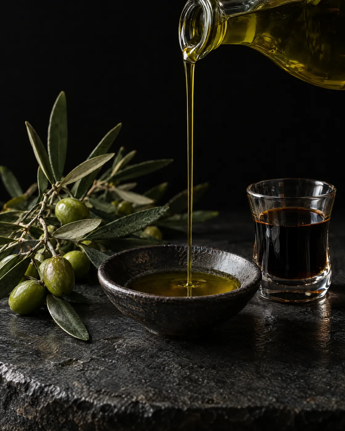 Single-estate olive oil poured beside olives and aged balsamic