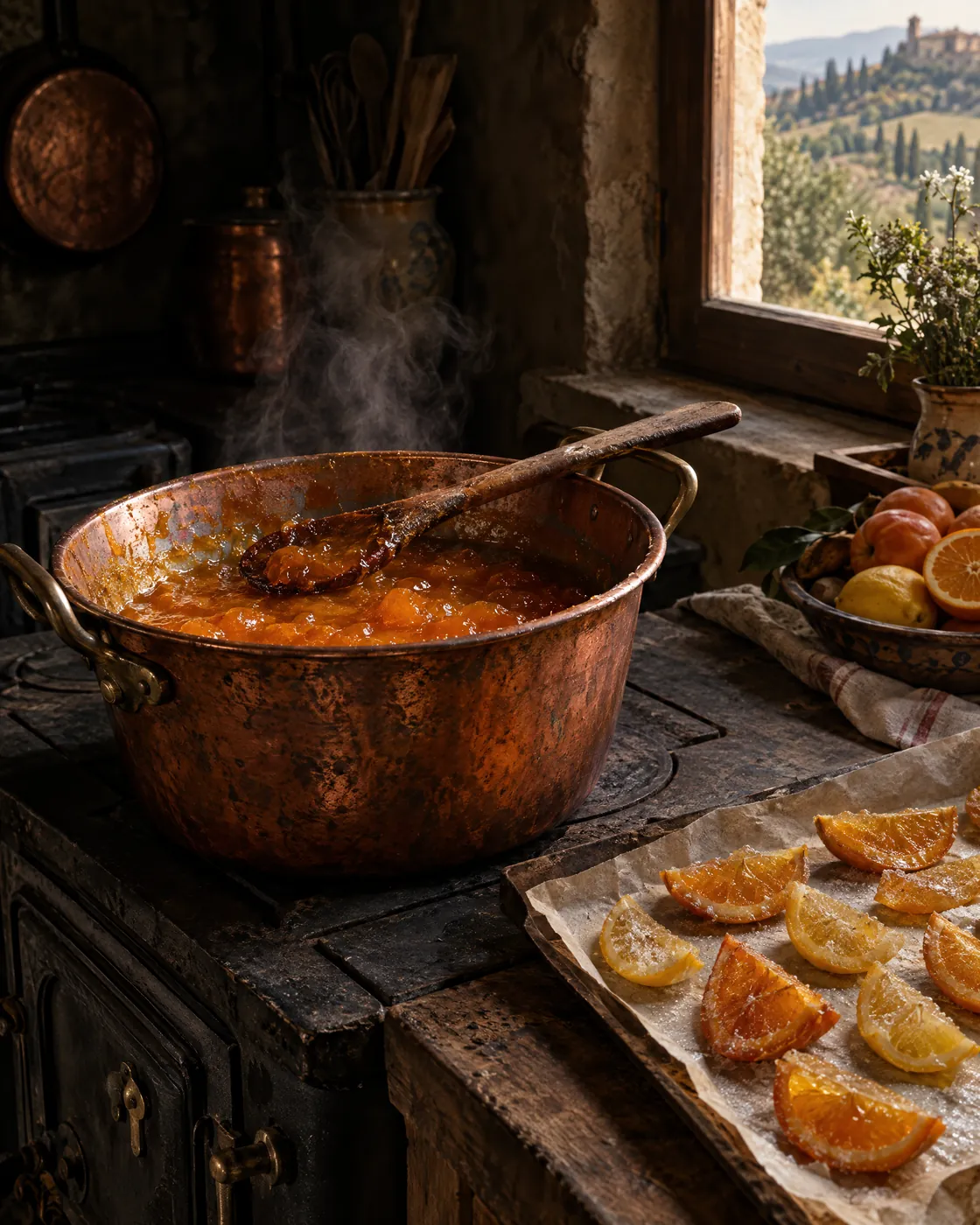 A copper pot of apricot jam beside candied citrus