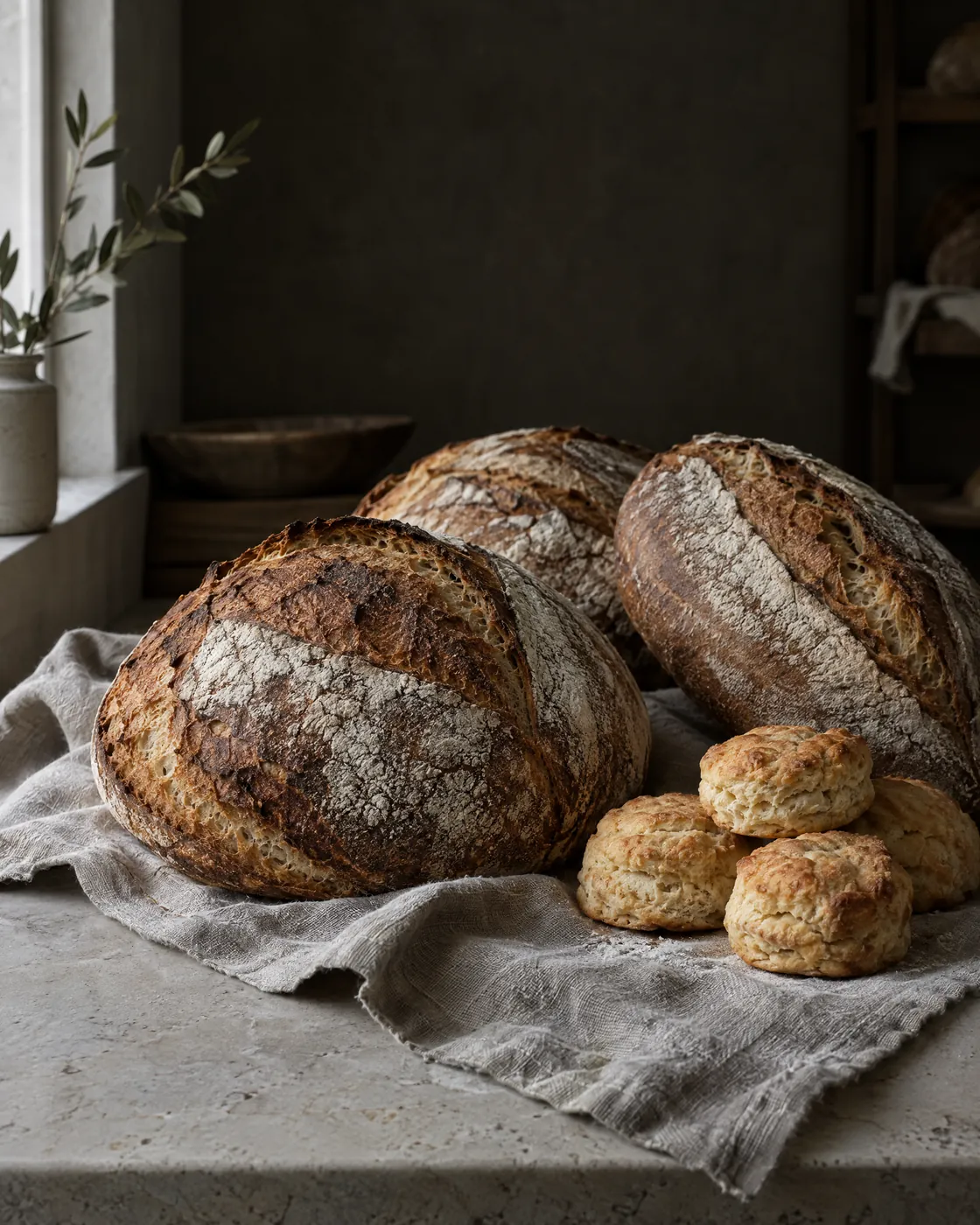 Naturally leavened loaves and biscuits on linen