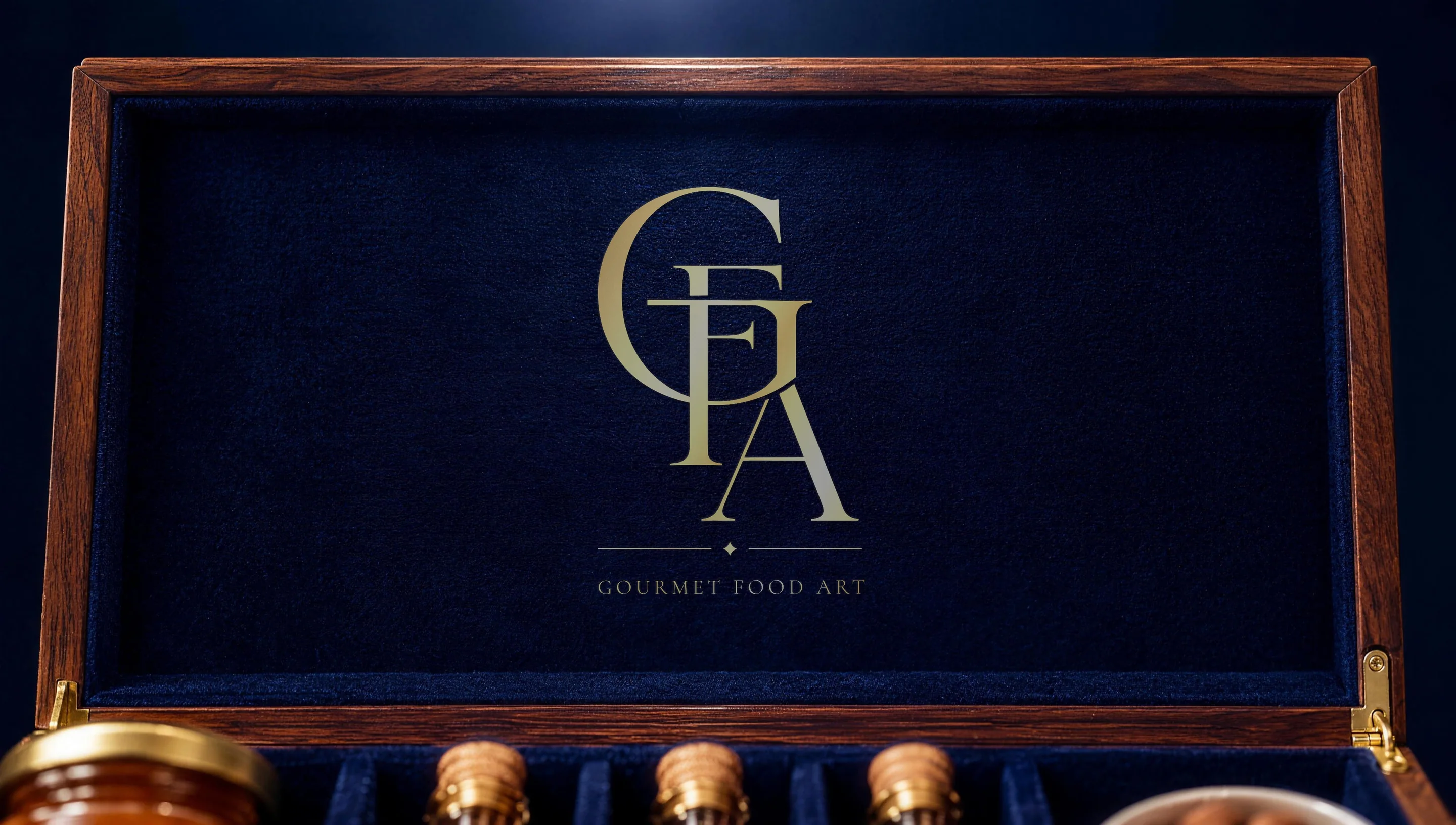 An open walnut case lined in navy velvet, holding jars of preserves, small liqueur bottles, chocolate and almonds